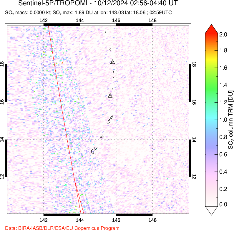 A sulfur dioxide image over Anatahan, Mariana Islands on Oct 12, 2024.