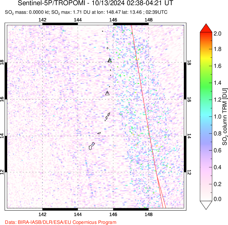 A sulfur dioxide image over Anatahan, Mariana Islands on Oct 13, 2024.