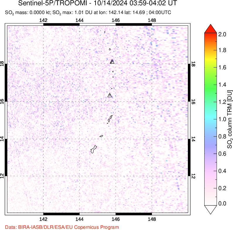 A sulfur dioxide image over Anatahan, Mariana Islands on Oct 14, 2024.