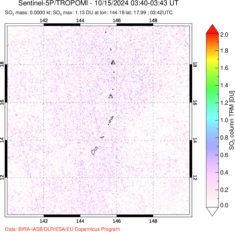 A sulfur dioxide image over Anatahan, Mariana Islands on Oct 15, 2024.