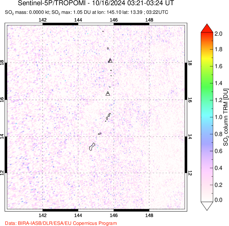 A sulfur dioxide image over Anatahan, Mariana Islands on Oct 16, 2024.