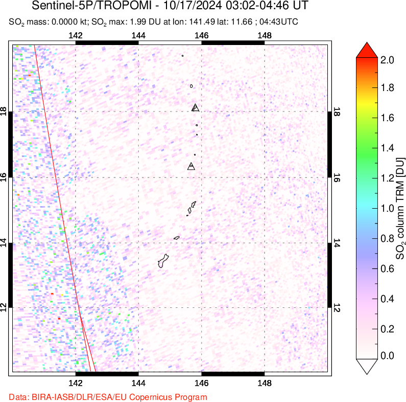 A sulfur dioxide image over Anatahan, Mariana Islands on Oct 17, 2024.