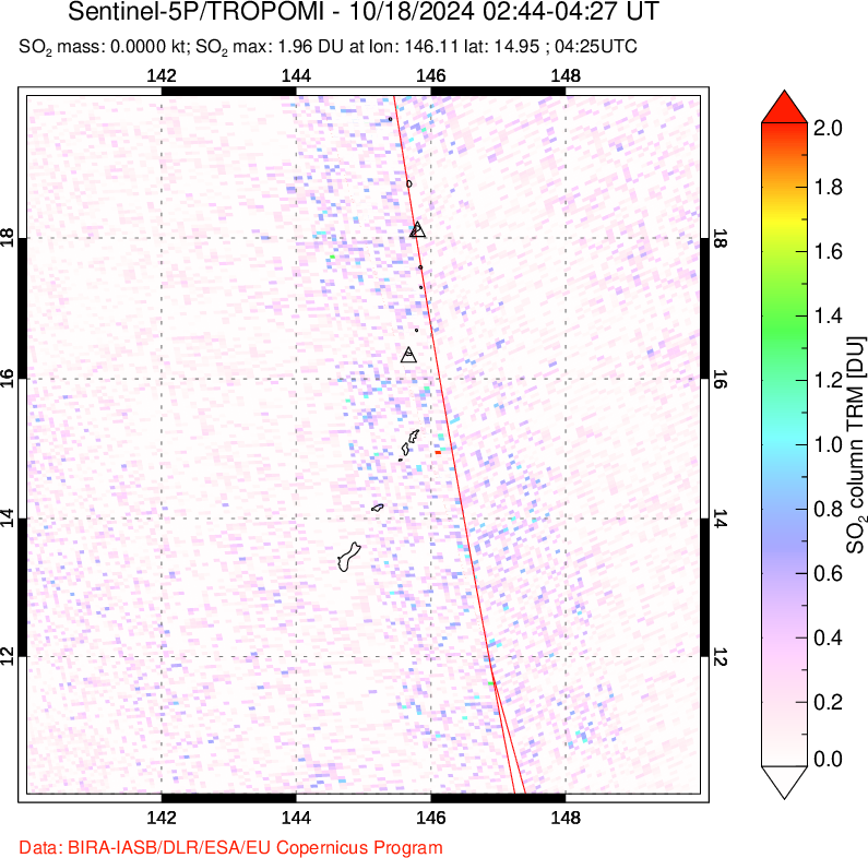 A sulfur dioxide image over Anatahan, Mariana Islands on Oct 18, 2024.