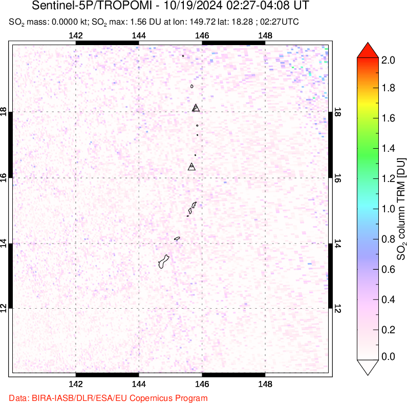 A sulfur dioxide image over Anatahan, Mariana Islands on Oct 19, 2024.