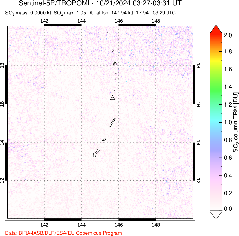 A sulfur dioxide image over Anatahan, Mariana Islands on Oct 21, 2024.