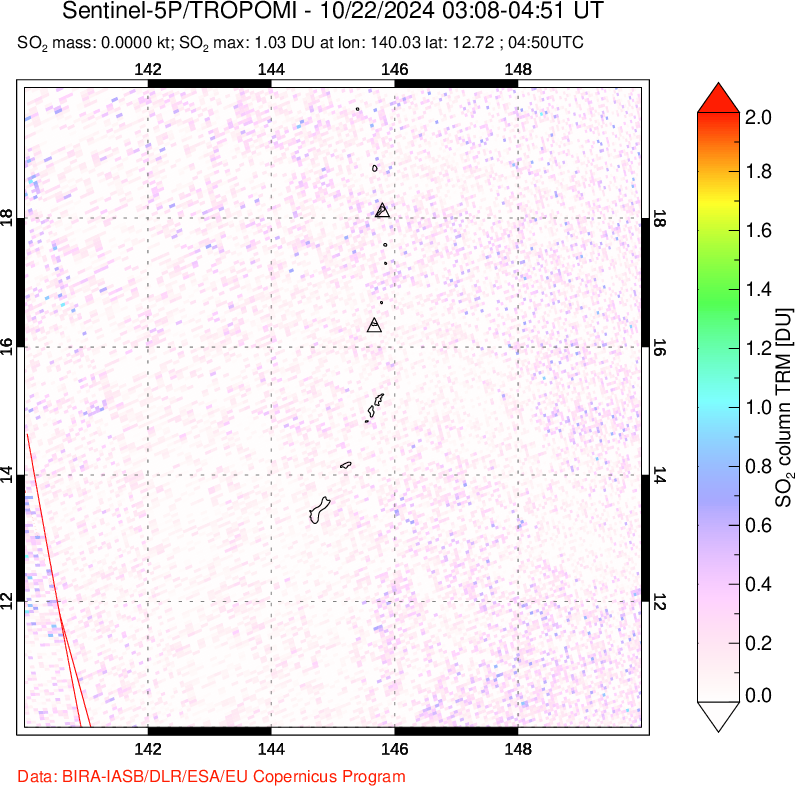 A sulfur dioxide image over Anatahan, Mariana Islands on Oct 22, 2024.