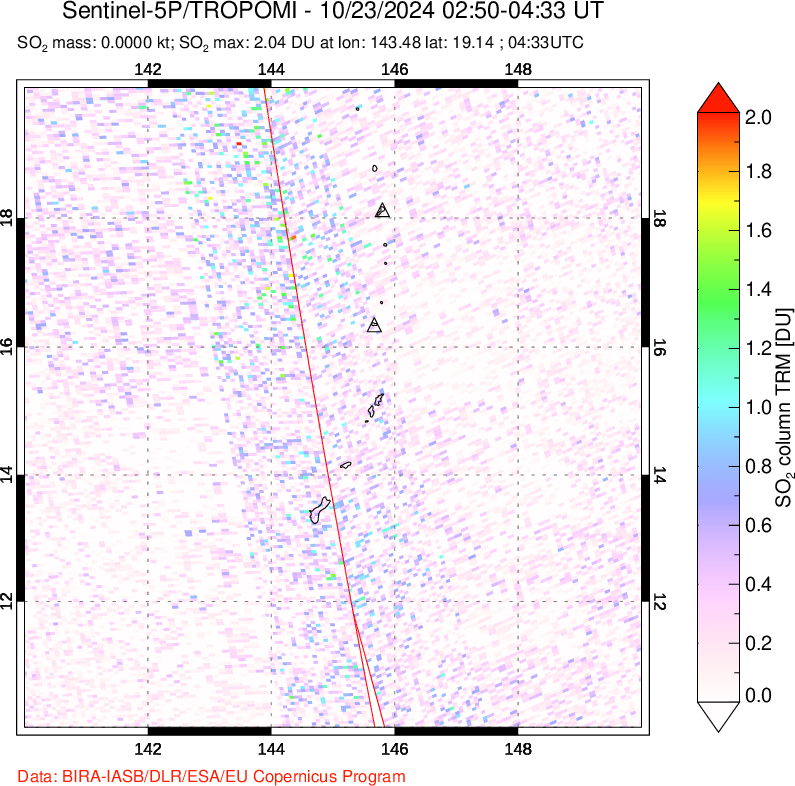 A sulfur dioxide image over Anatahan, Mariana Islands on Oct 23, 2024.