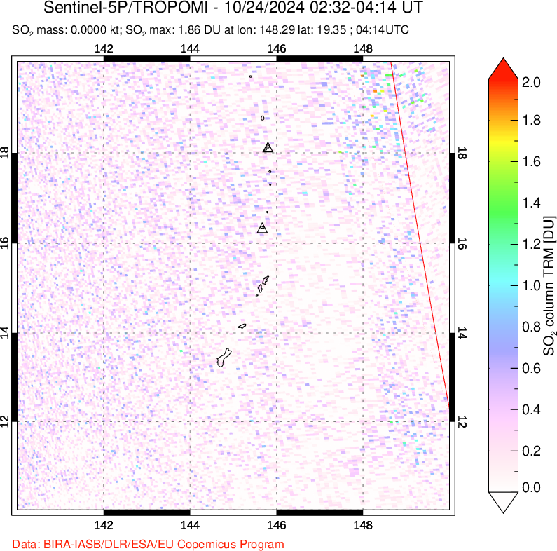 A sulfur dioxide image over Anatahan, Mariana Islands on Oct 24, 2024.