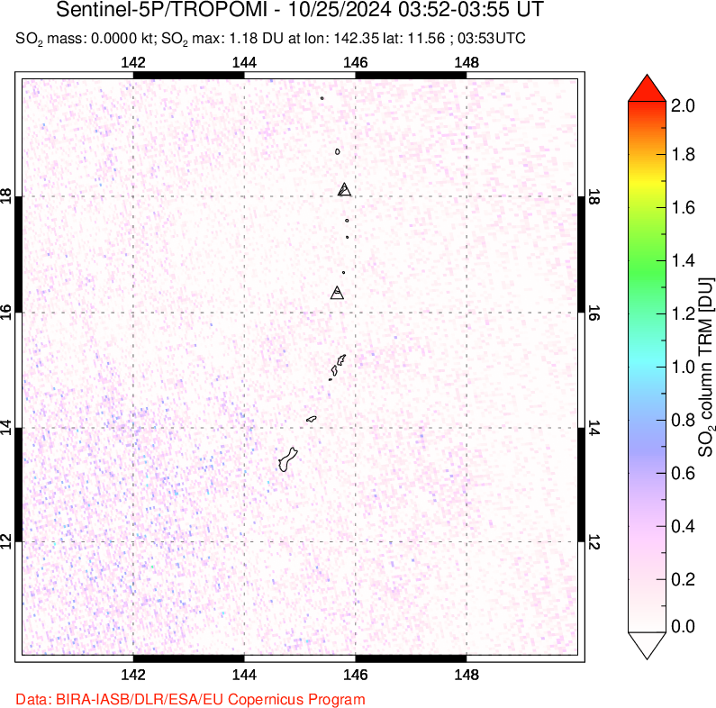 A sulfur dioxide image over Anatahan, Mariana Islands on Oct 25, 2024.