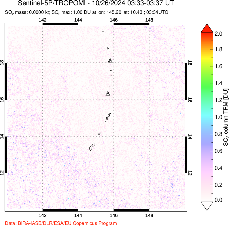 A sulfur dioxide image over Anatahan, Mariana Islands on Oct 26, 2024.