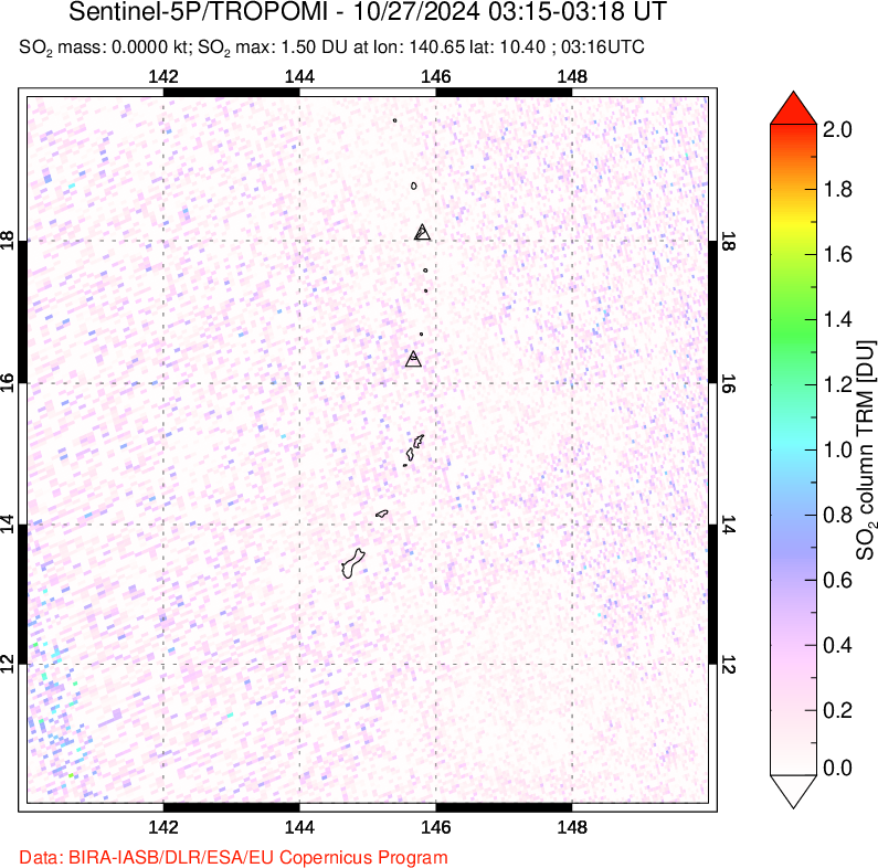 A sulfur dioxide image over Anatahan, Mariana Islands on Oct 27, 2024.