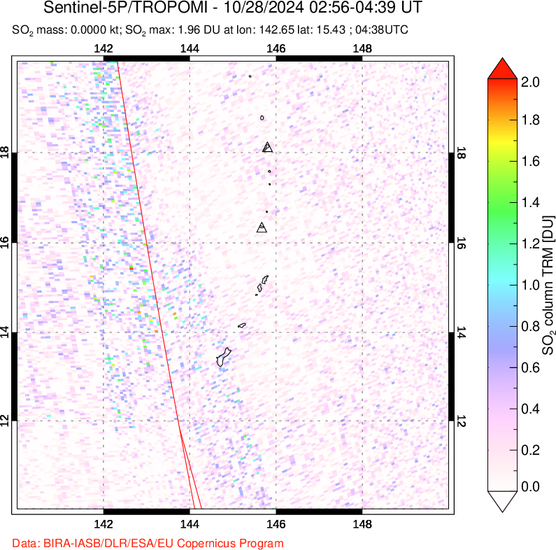 A sulfur dioxide image over Anatahan, Mariana Islands on Oct 28, 2024.