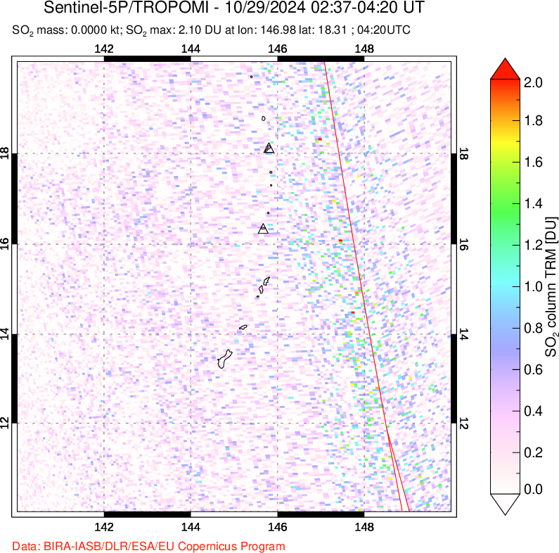 A sulfur dioxide image over Anatahan, Mariana Islands on Oct 29, 2024.