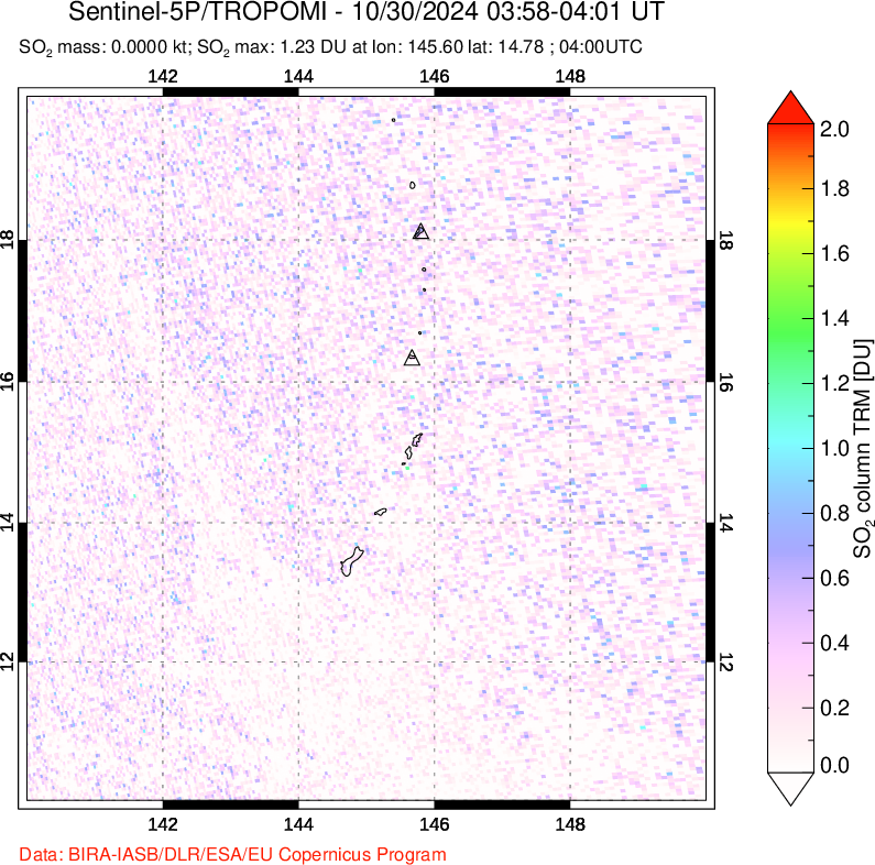 A sulfur dioxide image over Anatahan, Mariana Islands on Oct 30, 2024.