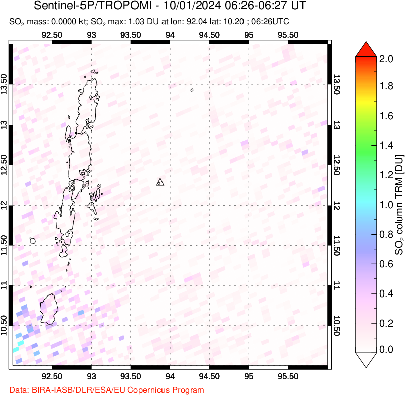 A sulfur dioxide image over Andaman Islands, Indian Ocean on Oct 01, 2024.