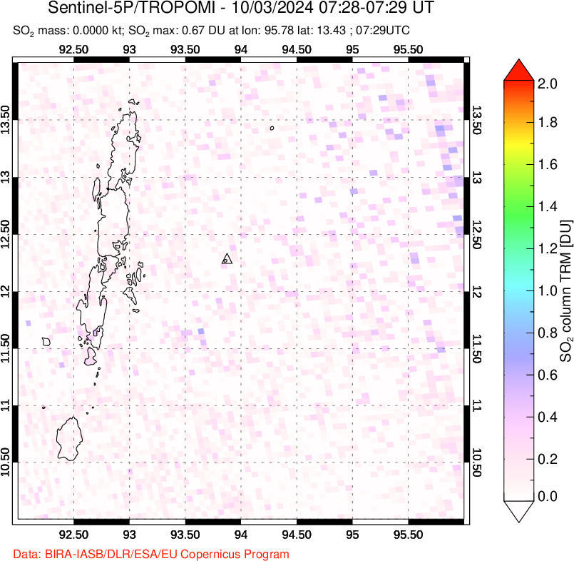 A sulfur dioxide image over Andaman Islands, Indian Ocean on Oct 03, 2024.