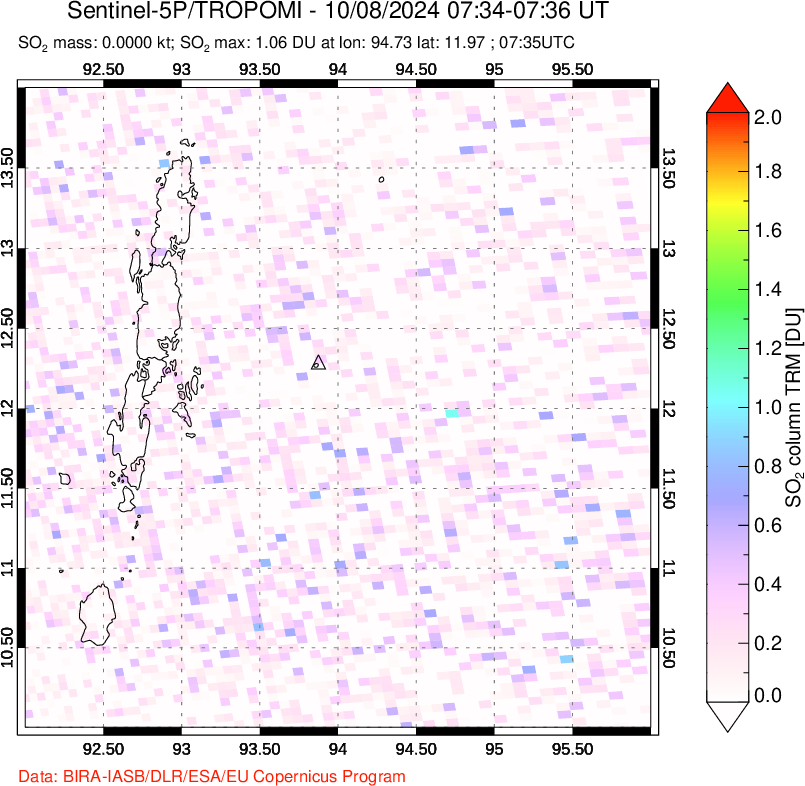 A sulfur dioxide image over Andaman Islands, Indian Ocean on Oct 08, 2024.