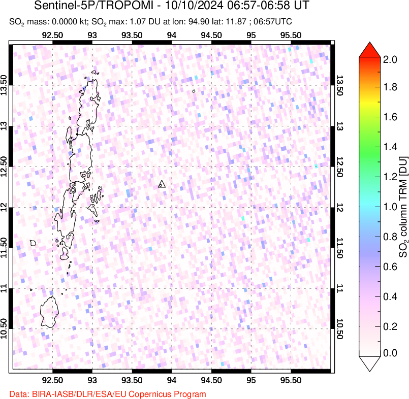 A sulfur dioxide image over Andaman Islands, Indian Ocean on Oct 10, 2024.