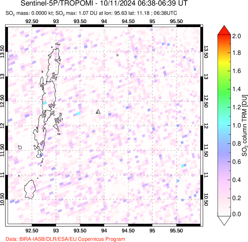 A sulfur dioxide image over Andaman Islands, Indian Ocean on Oct 11, 2024.