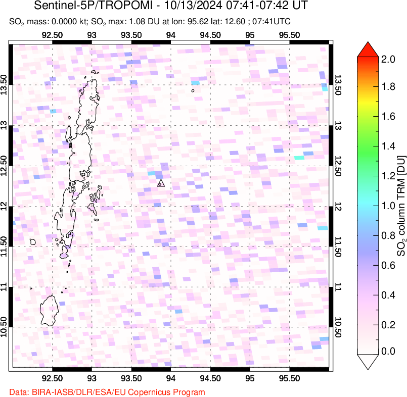 A sulfur dioxide image over Andaman Islands, Indian Ocean on Oct 13, 2024.