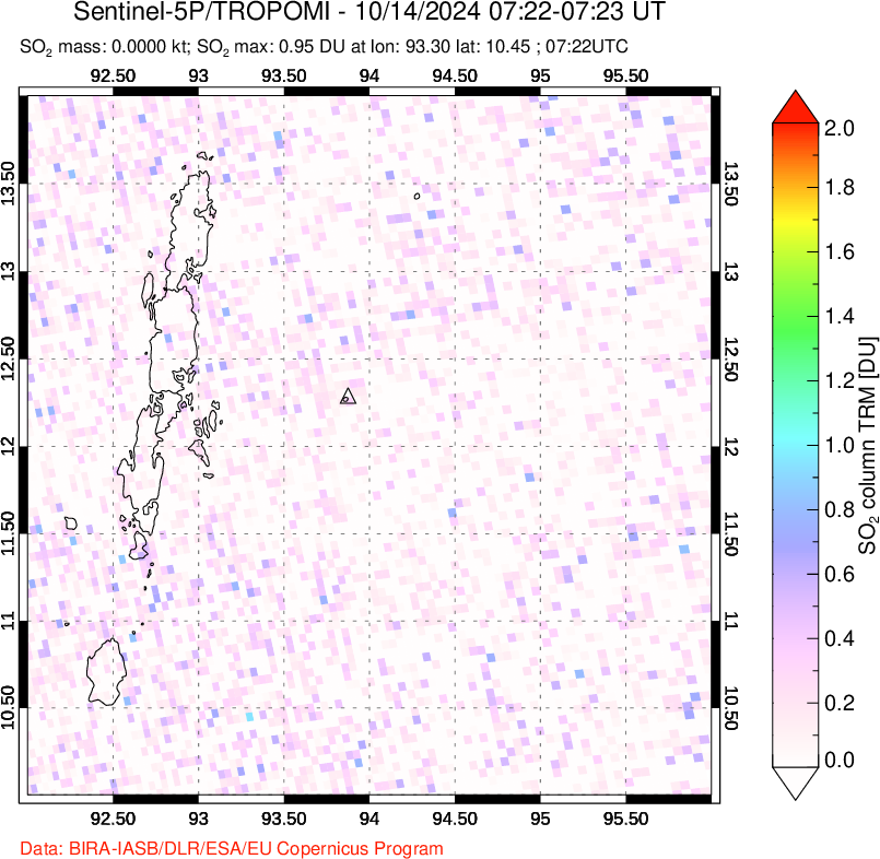 A sulfur dioxide image over Andaman Islands, Indian Ocean on Oct 14, 2024.