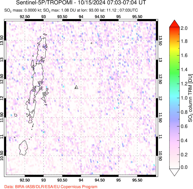 A sulfur dioxide image over Andaman Islands, Indian Ocean on Oct 15, 2024.