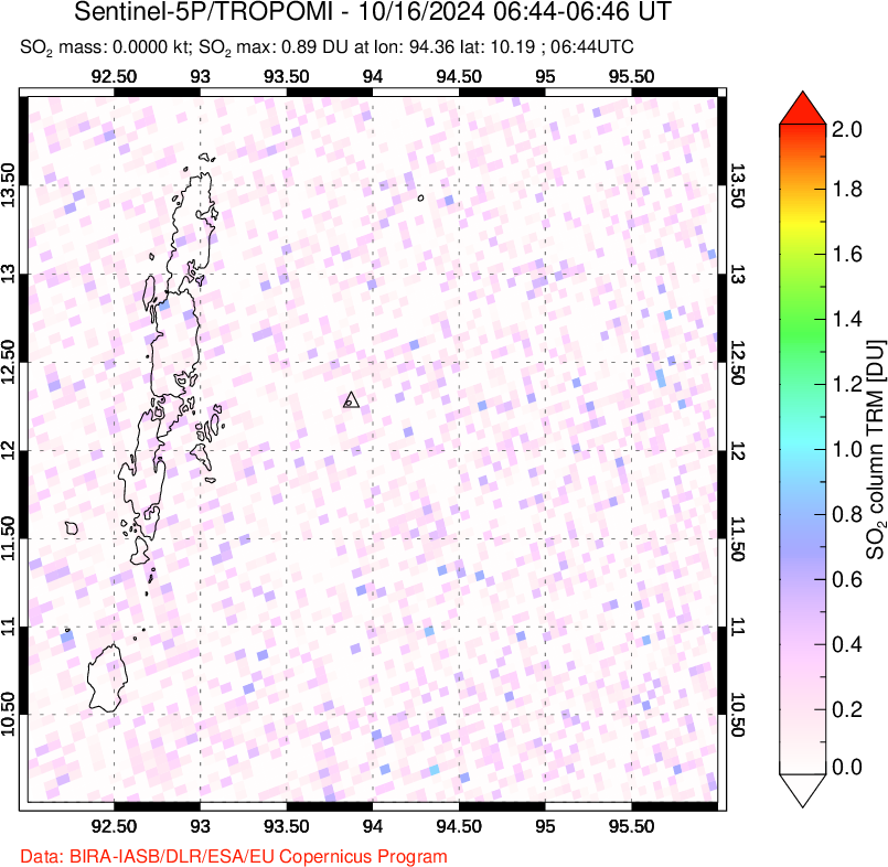 A sulfur dioxide image over Andaman Islands, Indian Ocean on Oct 16, 2024.