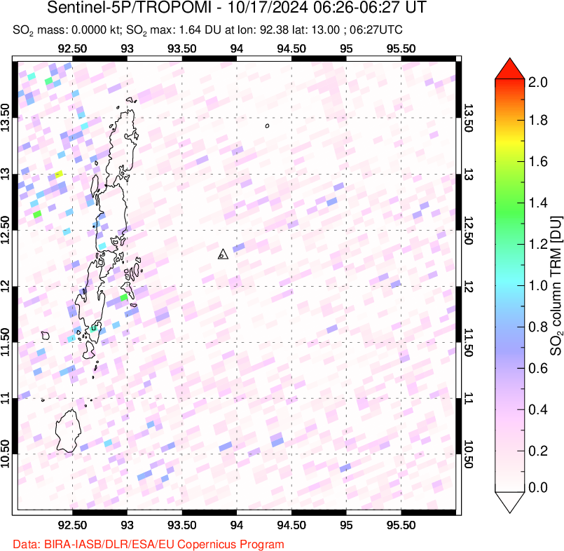 A sulfur dioxide image over Andaman Islands, Indian Ocean on Oct 17, 2024.