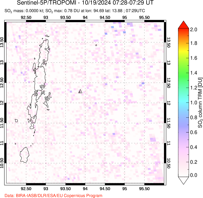 A sulfur dioxide image over Andaman Islands, Indian Ocean on Oct 19, 2024.