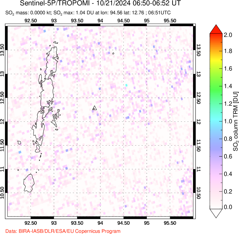 A sulfur dioxide image over Andaman Islands, Indian Ocean on Oct 21, 2024.