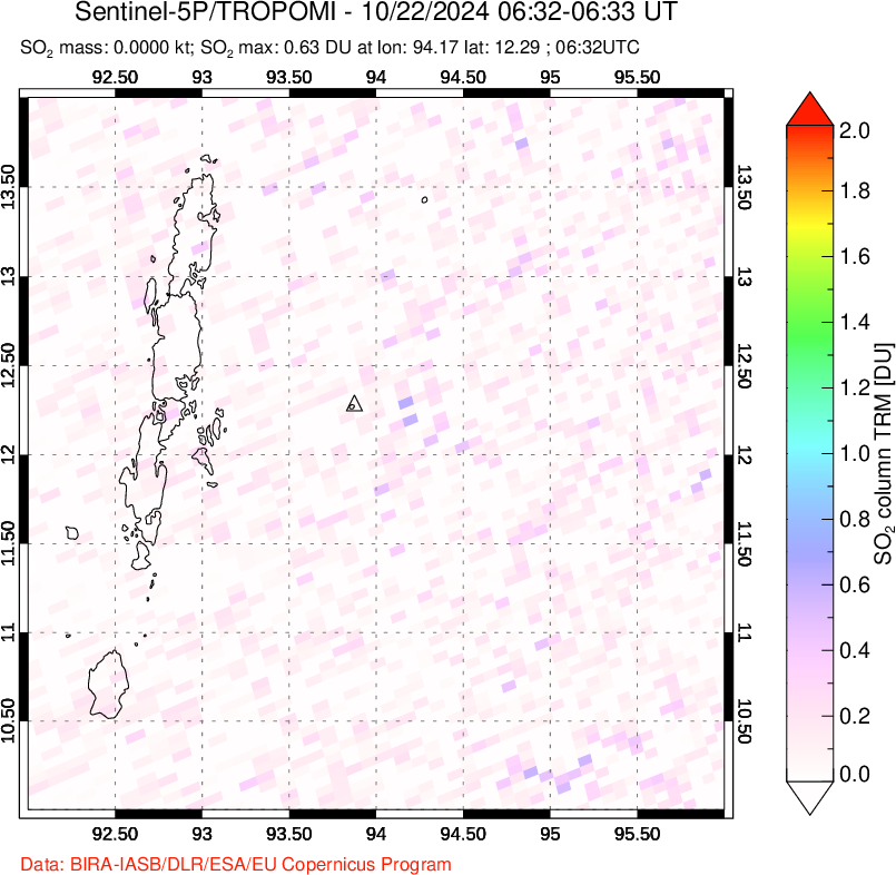 A sulfur dioxide image over Andaman Islands, Indian Ocean on Oct 22, 2024.