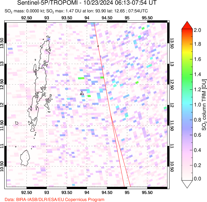 A sulfur dioxide image over Andaman Islands, Indian Ocean on Oct 23, 2024.