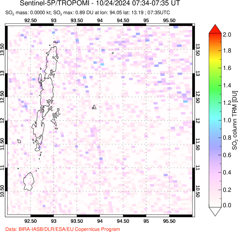 A sulfur dioxide image over Andaman Islands, Indian Ocean on Oct 24, 2024.