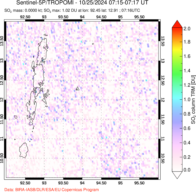 A sulfur dioxide image over Andaman Islands, Indian Ocean on Oct 25, 2024.