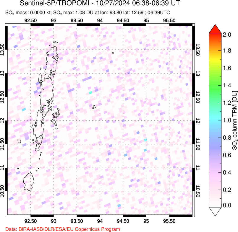 A sulfur dioxide image over Andaman Islands, Indian Ocean on Oct 27, 2024.