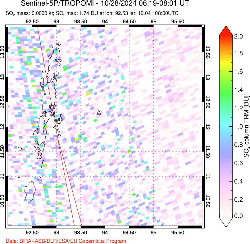 A sulfur dioxide image over Andaman Islands, Indian Ocean on Oct 28, 2024.