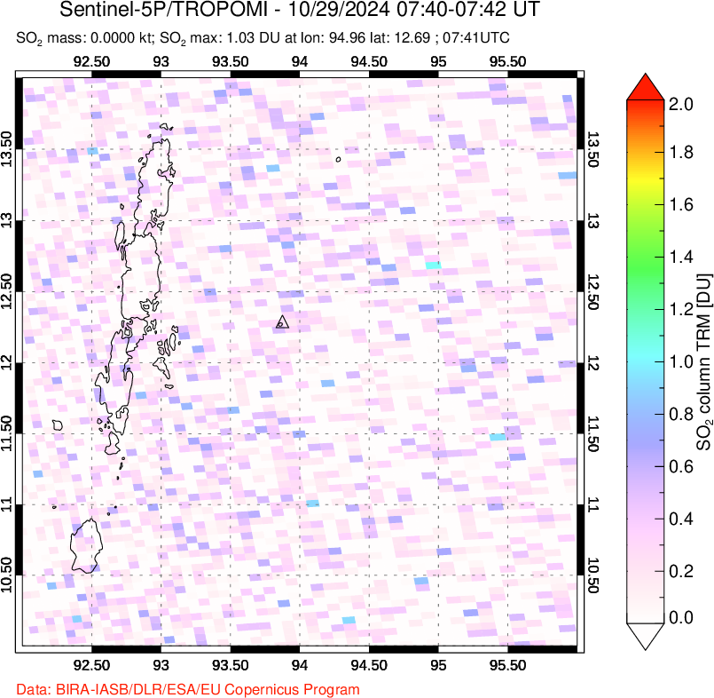 A sulfur dioxide image over Andaman Islands, Indian Ocean on Oct 29, 2024.