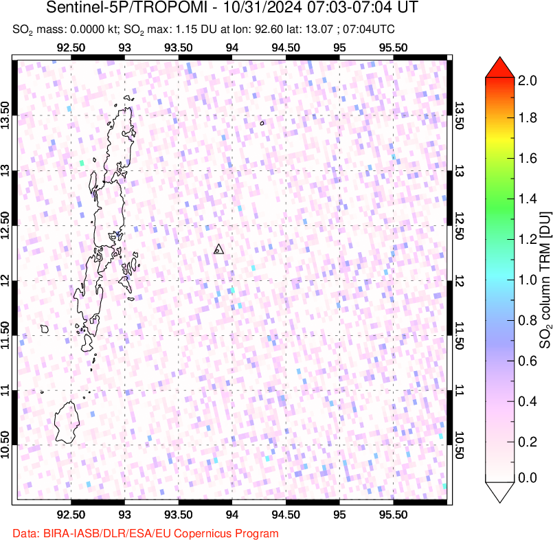 A sulfur dioxide image over Andaman Islands, Indian Ocean on Oct 31, 2024.