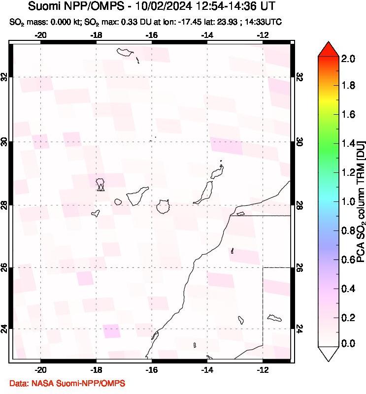 A sulfur dioxide image over Canary Islands on Oct 02, 2024.