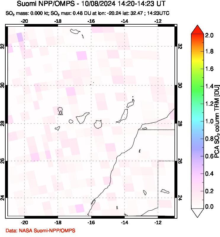 A sulfur dioxide image over Canary Islands on Oct 08, 2024.