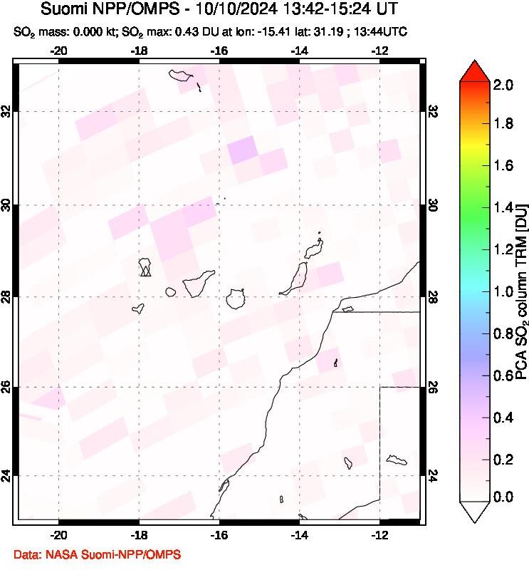 A sulfur dioxide image over Canary Islands on Oct 10, 2024.