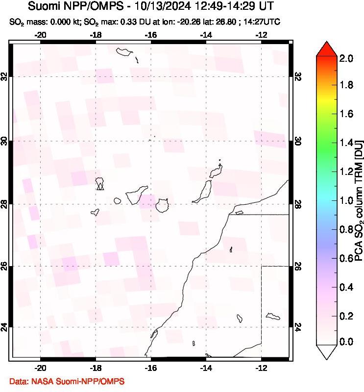 A sulfur dioxide image over Canary Islands on Oct 13, 2024.