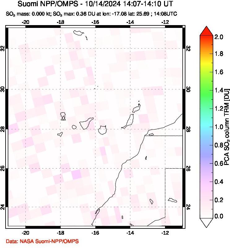 A sulfur dioxide image over Canary Islands on Oct 14, 2024.