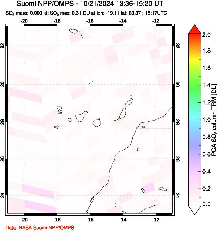 A sulfur dioxide image over Canary Islands on Oct 21, 2024.