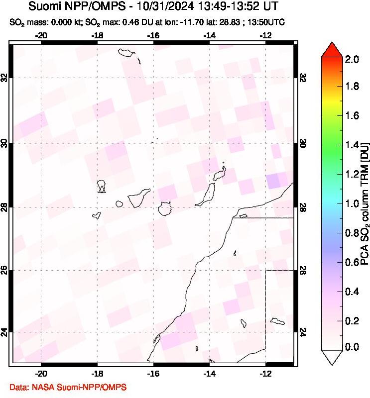 A sulfur dioxide image over Canary Islands on Oct 31, 2024.