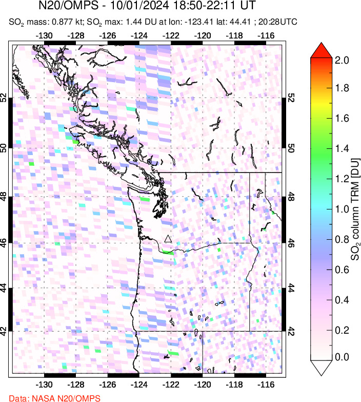 A sulfur dioxide image over Cascade Range, USA on Oct 01, 2024.