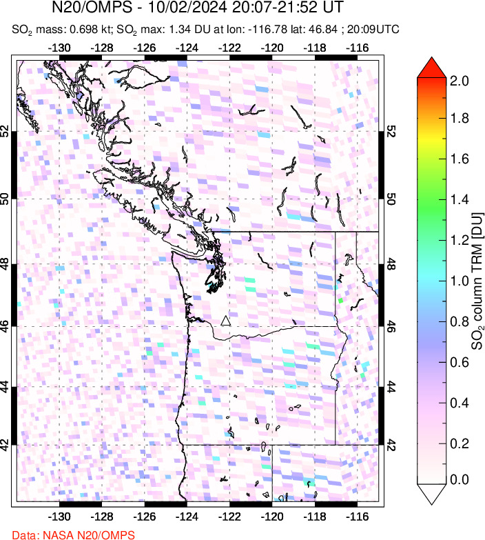 A sulfur dioxide image over Cascade Range, USA on Oct 02, 2024.