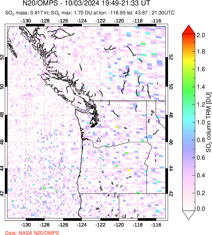 A sulfur dioxide image over Cascade Range, USA on Oct 03, 2024.