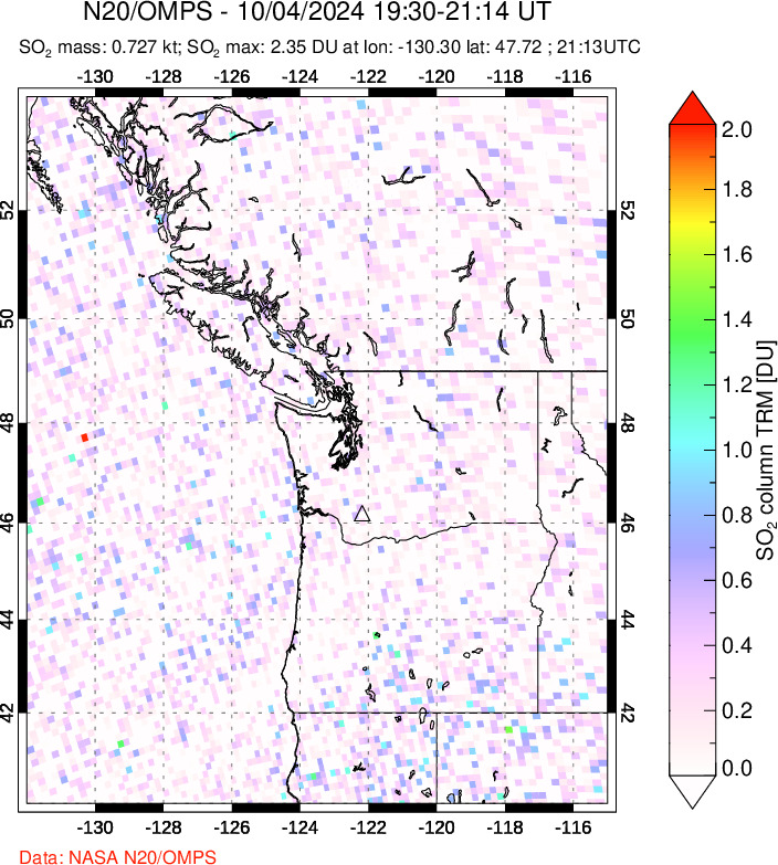 A sulfur dioxide image over Cascade Range, USA on Oct 04, 2024.