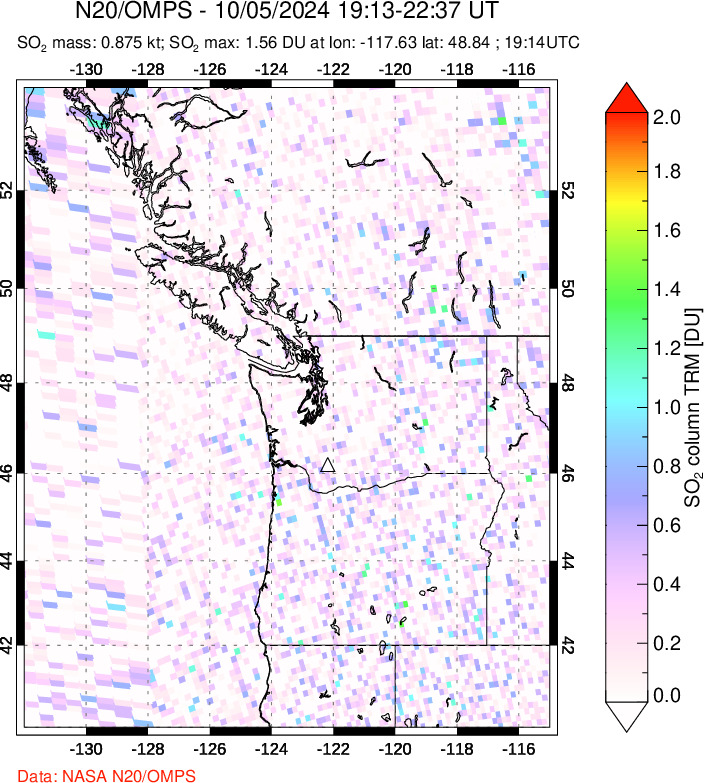 A sulfur dioxide image over Cascade Range, USA on Oct 05, 2024.